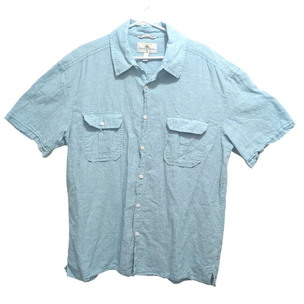 Island Shores Men's XL Blue Linen Cotton Button Up Shirt Short‎ Sleeve Resort